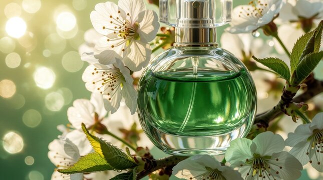 Close up of glass perfume bottle with green liquid among white cherry blossoms. Fragrant scent sits on spring tree branch in bright sunlight. Luxury cosmetic product with floral aroma for feminine