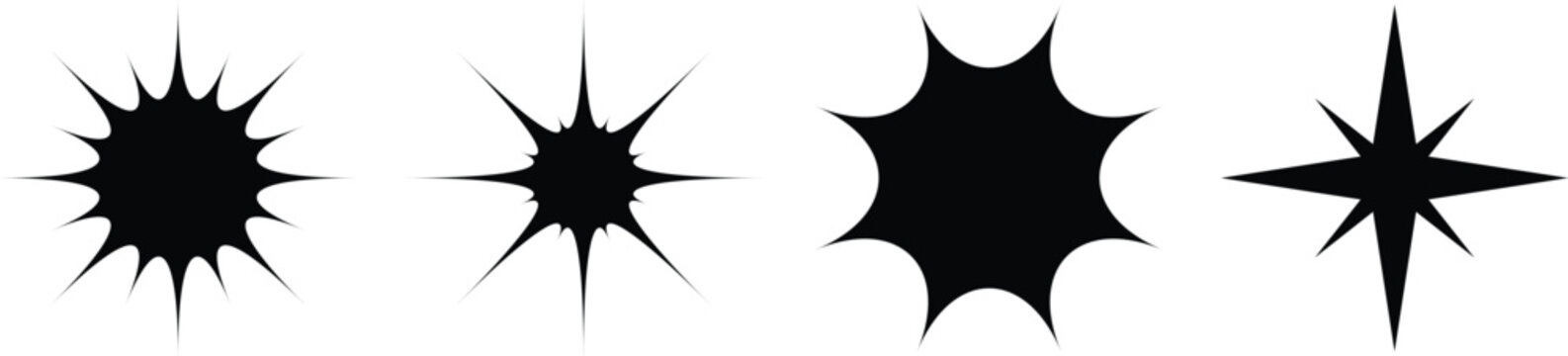 Collection of black star and sparkle icons. Set of various sunburst and twinkle vector shapes for design. Decorative elements for lighting, magic, and glowing effects on white background.