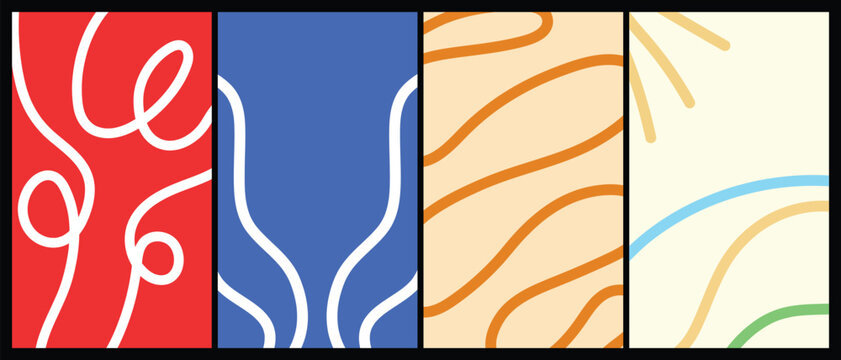 Set of four abstract panels with minimalist line art. Modern decorative graphic backgrounds in vibrant block colors. Trendy aesthetic wall art for contemporary interior design and web templates.