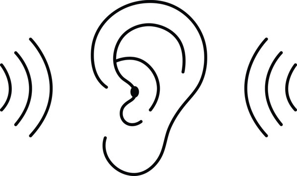 Ear icon with sound waves vector illustration. Simple black outline symbol representing hearing or auditory perception. Clean design element for medical, education, and communication concepts.