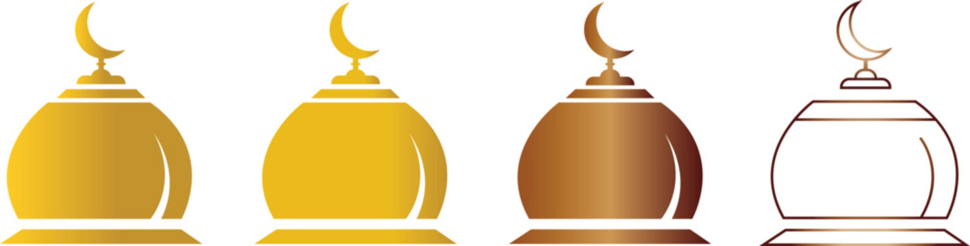 Set of Islamic mosque dome icons with crescent moon symbols. Gold and bronze metallic style illustrations. Religious architectural signs for Ramadan or Eid Mubarak celebrations and decor.