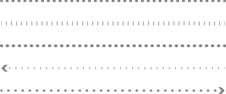 Set of horizontal decorative borders and dividers. Collection of elegant dashed and dotted lines with arrows. Vector elements for web design and text separation, isolated on white background.