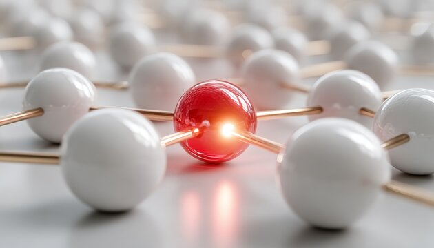 Molecule structure with red center and white atoms connected by golden bonds showcasing scientific research