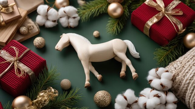 Brown gift boxes with green leaves and a wooden horse create a warm, festive display for special occasions