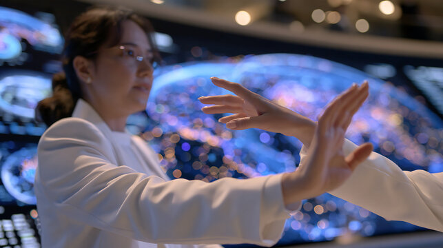 close up of hands touching a tablet screen with glowing purple and blue energy streams representing futuristic technology digital data and innovation