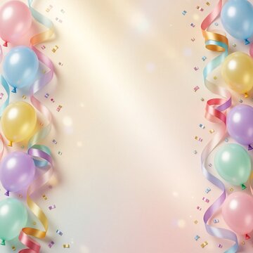Vertical festive border design featuring pastel balloons, swirling satin ribbons, and scattered confetti against a soft gold-to-peach gradient background.