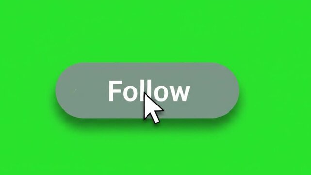 Computer mouse cursor clicking a blue follow button on a green screen