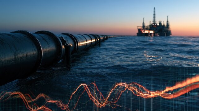 Pipeline stretching across ocean, offshore rig, financial data overlay