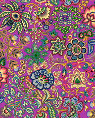 Seamless repeating pattern with paisley motifs placed at different angles, balanced by smaller floral elements and filler © Venkatsai