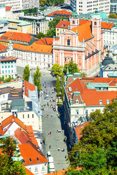 Preseren Square, Tromostovje and Franciscan Church of the Annunciation in Ljubljana, Slovenia
