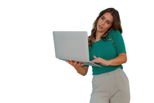 Woman working remotely, multitasking on laptop while talking on phone, handling busy professional communication