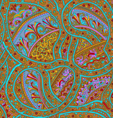 Seamless repeating pattern with paisley motifs placed at different angles, balanced by smaller floral elements and filler © Venkatsai