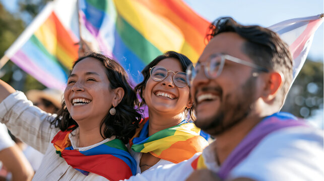 three smiling people embracing and waving rainbow flags at a pride celebration in front of a grand government building under a blue sky