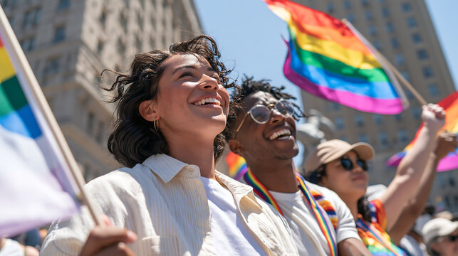 joyful lgbtq friends holding colorful flags during a parade in the city representing diversity inclusion and human rights celebration