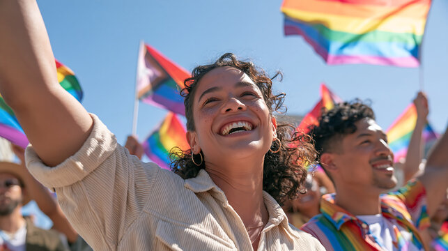 joyful lgbtq friends holding colorful flags during a parade in the city representing diversity inclusion and human rights celebration