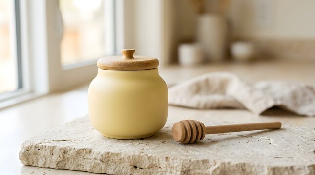 Close up of a ceramic honey pot with a wooden dipper on a marble surface