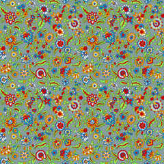 Seamless repeating pattern with paisley motifs placed at different angles, balanced by smaller floral elements and filler © Venkatsai