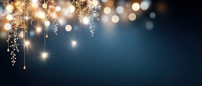 Handmade star ornaments dangle from a branch, glowing softly against a blurred, warm backdrop, creating a cozy holiday atmosphere