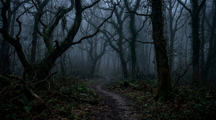 Fototapeta premium Dark, misty woodland path winding through a spooky, gnarled ancient forest at twilight