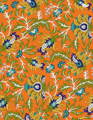 Seamless repeating pattern with paisley motifs placed at different angles, balanced by smaller floral elements and filler © Venkatsai