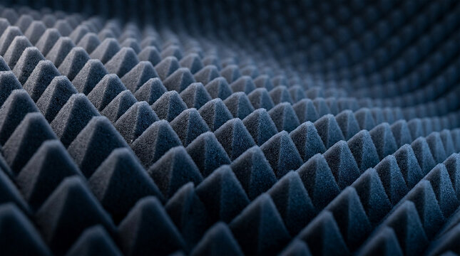 Dark gray soundproofing foam acoustic panels create wavy spikes and geometric patterns