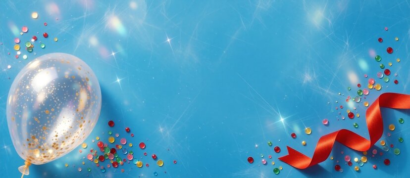 Bright blue background with sparkles, a golden glitter balloon, red ribbon, and colorful confetti scattered across the frame. Festive celebration design.