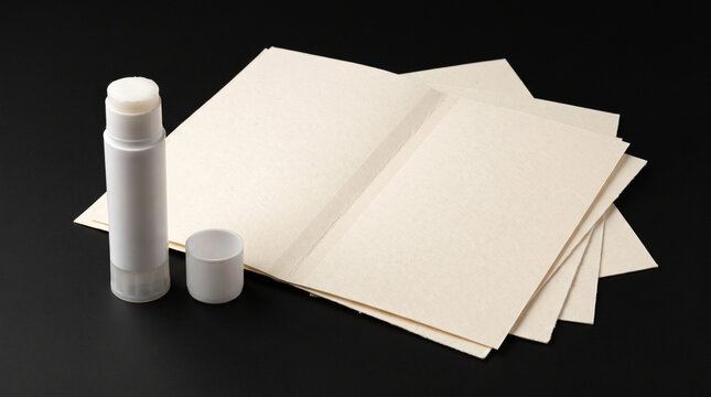 A white glue stick and several folded sheets of beige paper on a black surface with paper dark background beside stack folded cap beside arrangement stationery