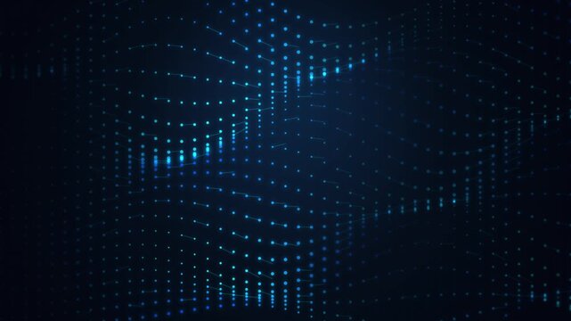 Abstract blue dots wave pattern moving slowly across dark background for digital tech design.