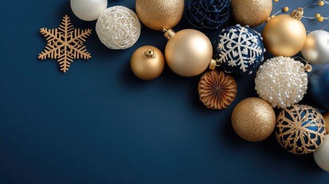 Colorful holiday decorations include gold, blue, and white ornaments along with a snowflake resting on a dark backdrop