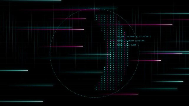 Cyberpunk digital data stream with neon light lines and geometric interface on black background.