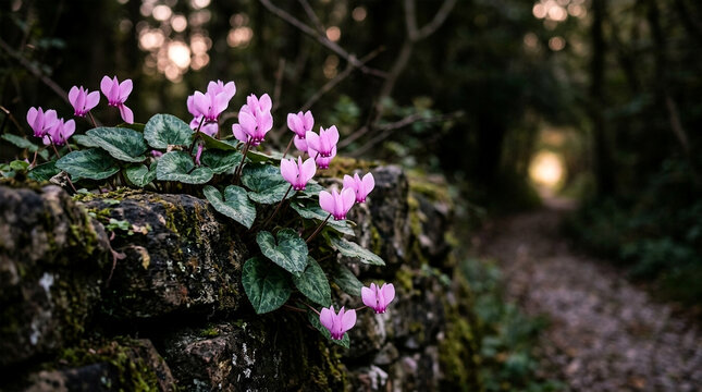 Delicate pink cyclamen flowers blooming on a mossy stone wall along a forest path at dusk