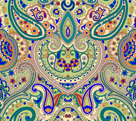 Seamless repeating pattern with paisley motifs placed at different angles, balanced by smaller floral elements and filler © Venkatsai