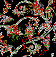 Seamless repeating pattern with paisley motifs placed at different angles, balanced by smaller floral elements and filler © Venkatsai