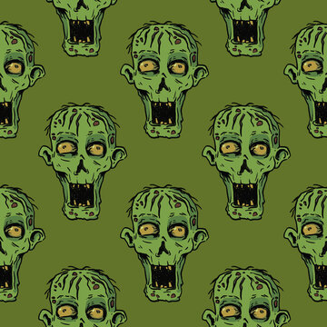 Hand-drawn seamless creepy pattern of zombie heads with scary faces, open mouths, and yellow eyes on an olive green background for Halloween textiles, gothic home decor, horror-themed wrapping paper.