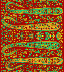 Seamless repeating pattern with paisley motifs placed at different angles, balanced by smaller floral elements and filler © Venkatsai