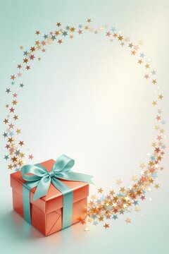 Elegant coral gift box with teal ribbon surrounded by metallic foil stars on a soft mint background.