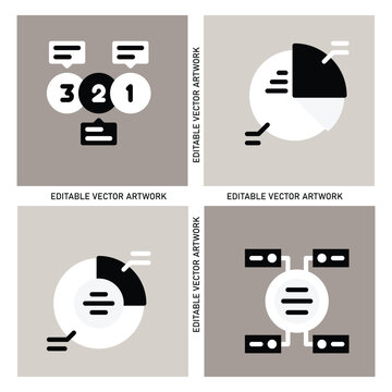  Minimalist business infographic vector icons set, monochrome pie chart data visualization symbols, black and white workflow diagram elements