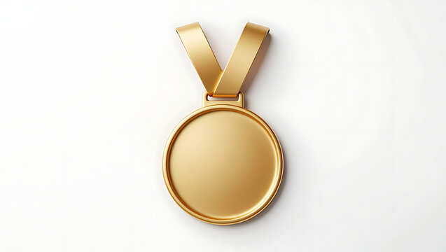 A golden medal with a blank circular plaque and a golden ribbon hangs against white.