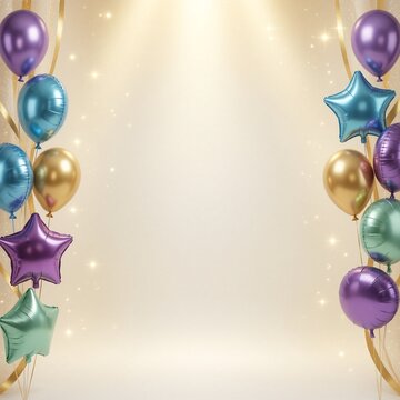 Vertical balloon garlands frame a central space. They feature round, star, and spiral balloons in purple, teal, gold, and mint, tied with gold ribbon against a soft golden backdrop.