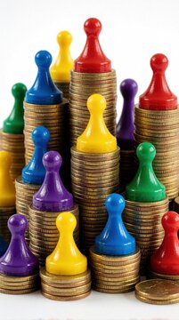 Colorful game pieces stand on tall, short coin stacks. Macro shot shows wealth inequality, social class gap. Different heights of money piles represent economic disparity, financial hierarchy, unfair