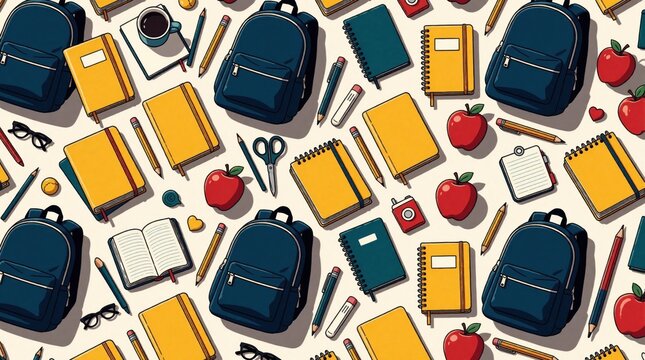 Seamless pattern with back to school supplies. Blue backpacks, yellow notebooks, pens, pencils, scissors, red apples on white background. Education elements like books, rulers, stationery icons for