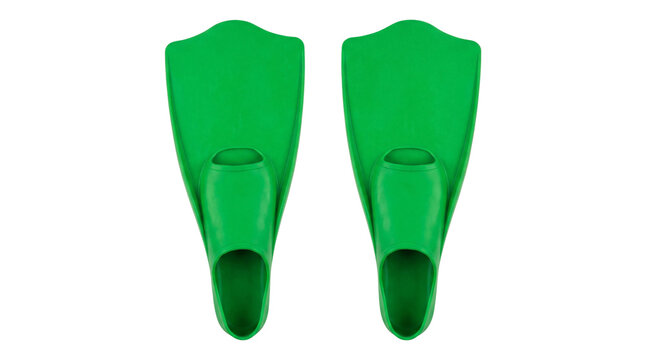 Green swim flippers for pool training, pair of silicone rubber swimming fins, water sports diving gear isolated PNG with Transparent Background