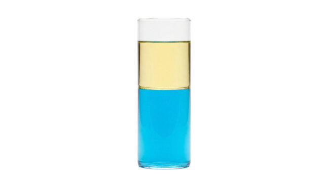 Liquid density experiment glass tube, clear test cylinder with separated oil and blue water, science laboratory education equipment isolated PNG with Transparent Background