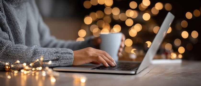 A person sits at a wooden table, savoring a warm drink while typing on a laptop, creating a calm and productive atmosphere