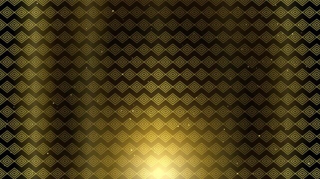 Luxury golden diamond pattern background with elegant light rays and floating glitter particles.