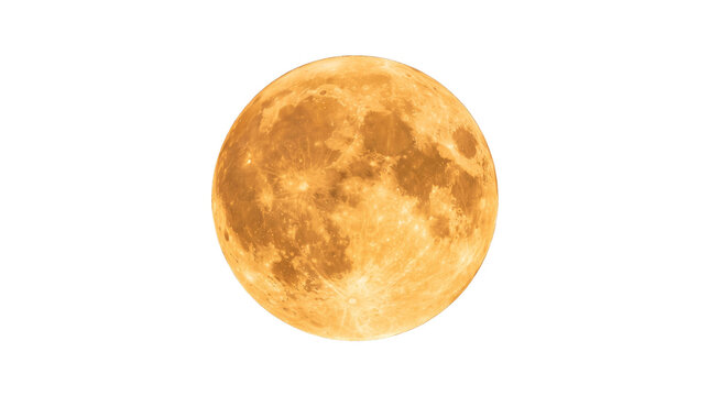 Full orange moon with visible craters and surface details isolated on a white background