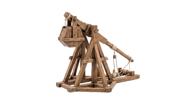 Medieval trebuchet wooden catapult, vintage siege engine model, ancient military artillery weapon isolated PNG with Transparent Background