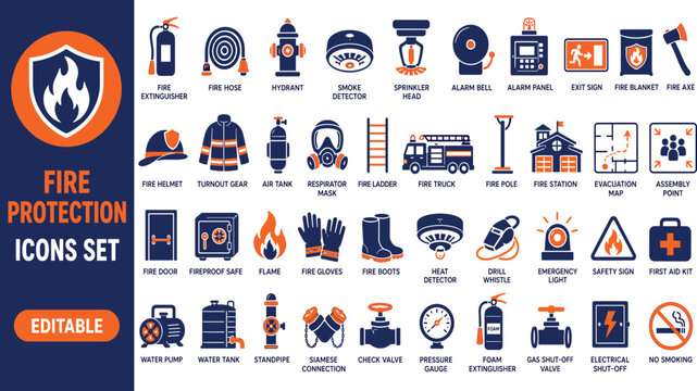 Set of 40 outline icons related to fire protection. Linear icon collection. Editable stroke. Vector illustration