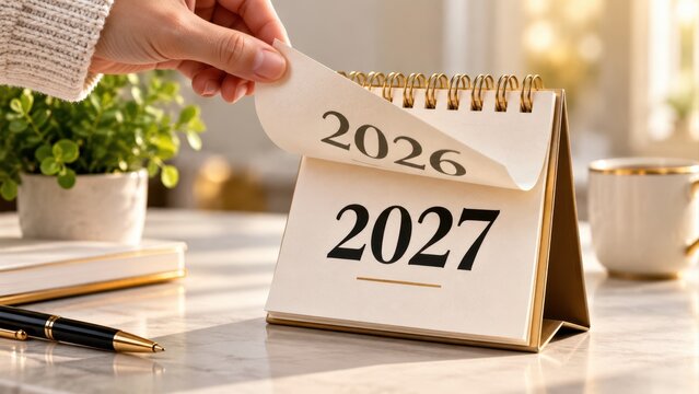 Calendar turning from year two thousand twenty six to two thousand twenty seven on office table