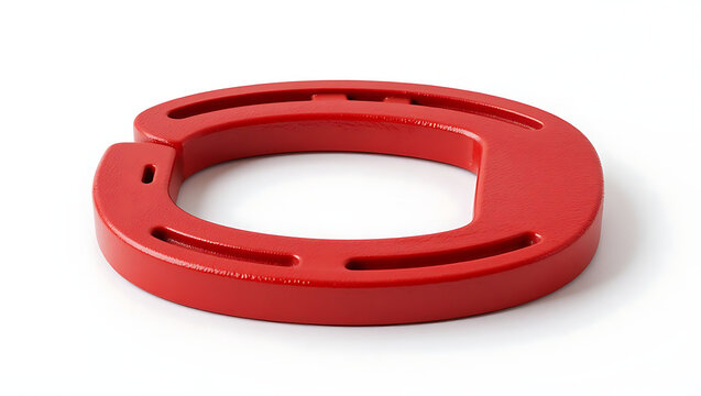A single red horseshoe is positioned on a clean white background in a studio setting.